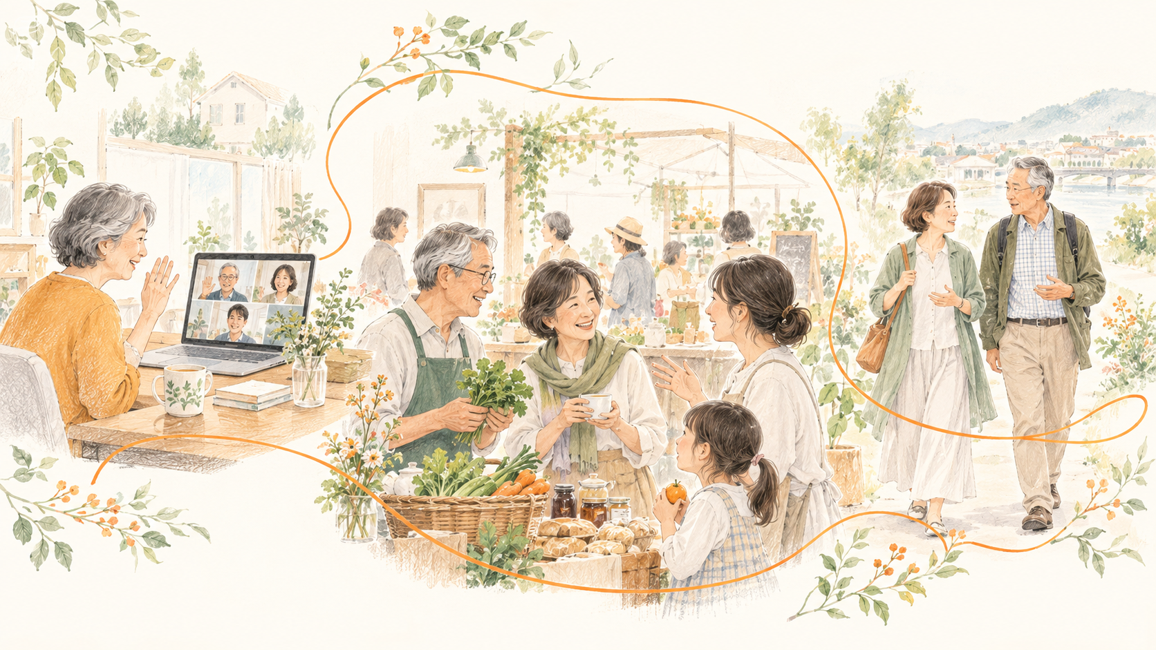 家からオンラインで話す人、マルシェで出会う人、並んで歩く人をつなぐ輪のイラスト